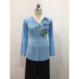Giá tốt đặt may bà ba xanh biển vẽ hoa mẫu đơn đẹp và đơn giản theo size S đến 4XL.