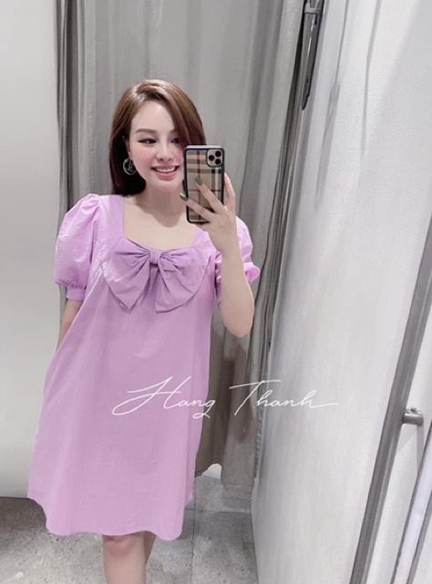 BÁN SỈ VÁY SUÔNG CỔ VUÔNG NƠ TÍM