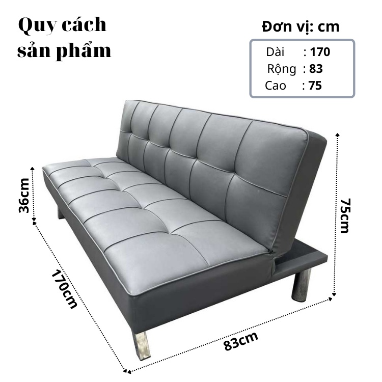 Sofa giường bọc da Simili màu xám - Sô Pha dài 1m7 chân kim loại sang trọng - Sofa Bed Xuất Khẩu