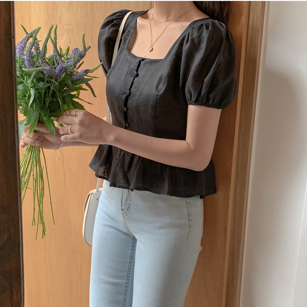 Mùa hè Phong Cách Hàn Quốc Cổ Vuông Đơn Giản Slim Fit Phù Hợp Với Áo Sơ Mi Tay Ngắn Màu Trơn Top