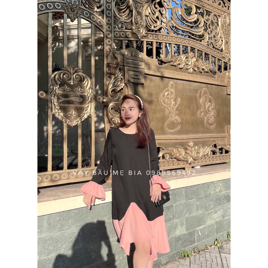 Đầm bầu công sở Váy bầu đẹp màu đen phối chân hồng tay loe hồng MYC 5