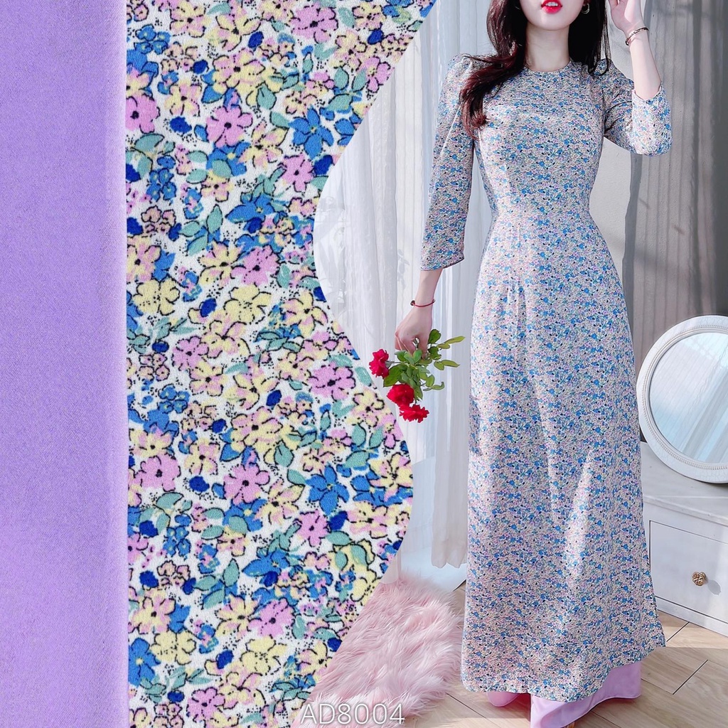 Áo dài nữ cách tân tay phồng họa tiết hoa lá không kèm quần CHUU AD8004