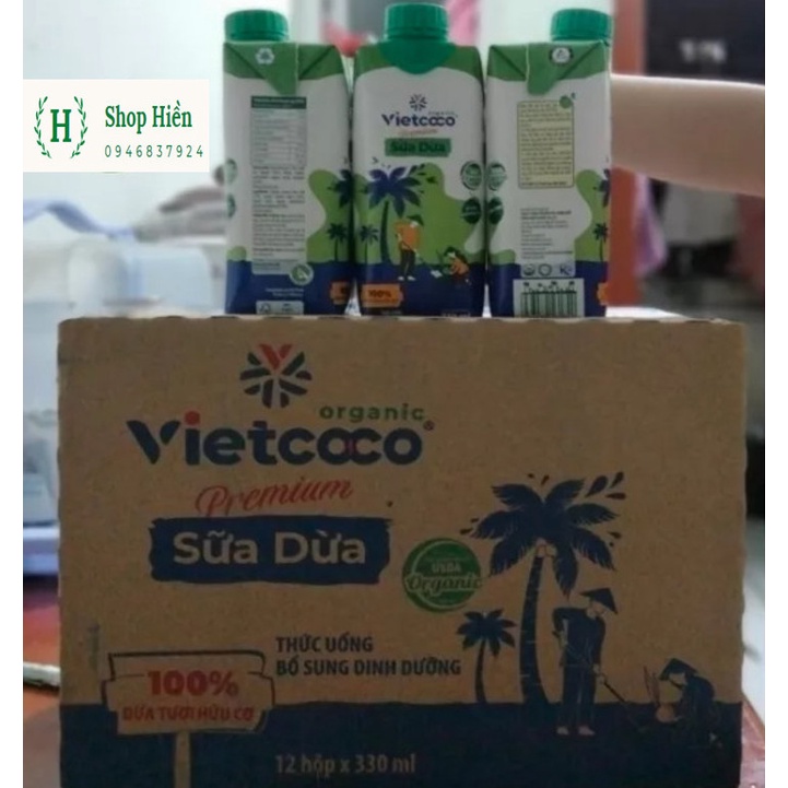 Thùng 12 hộp sữa dừa organic hữu cơ Vietcoco 330ml nhiều vitamin khoáng chất, thơm ngon bổ dưỡng