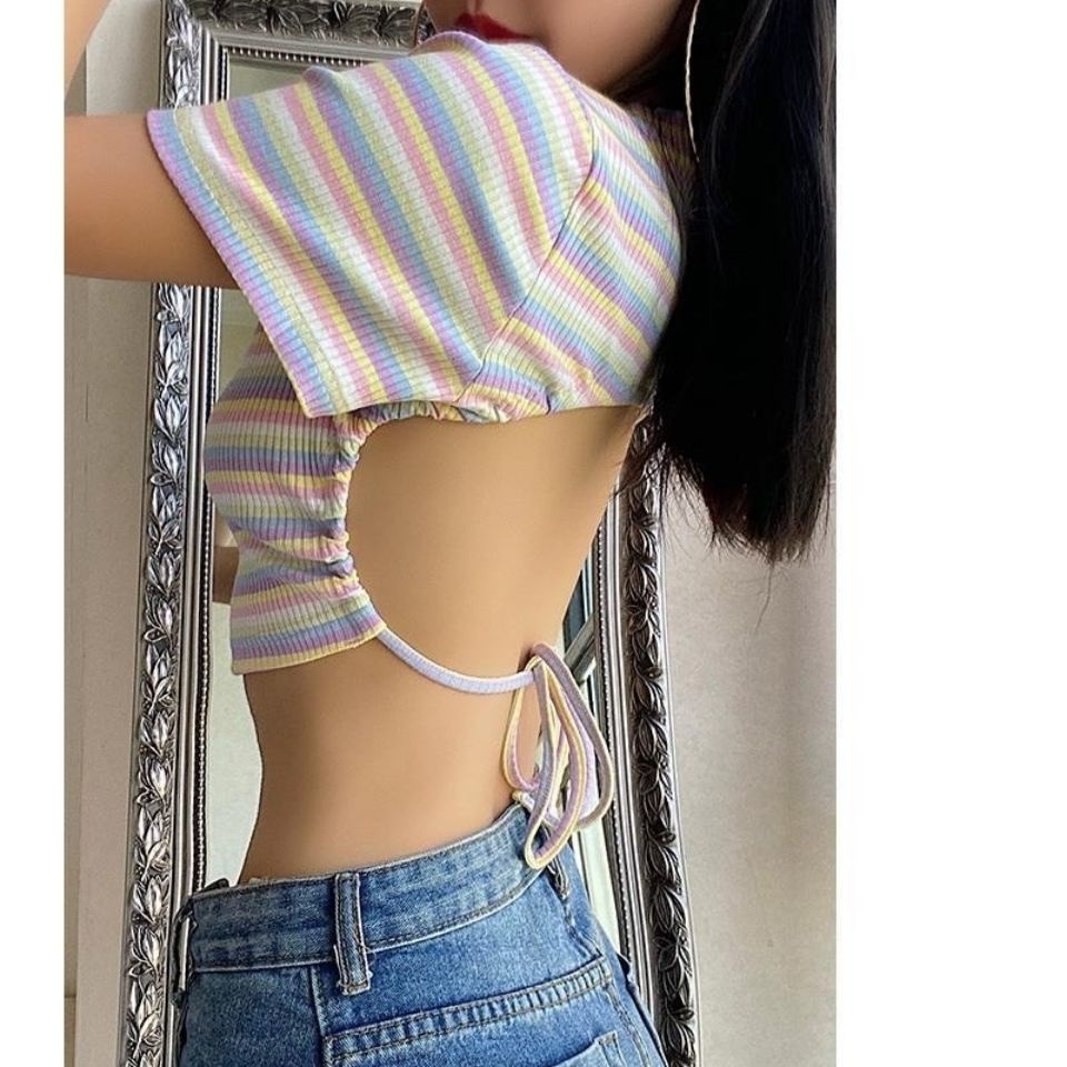 COZOK Áo Thun Croptop Tay Ngắn Hoạ Tiết Kẻ Sọc Thiết Kế Hở Lưng Quyến Rũ