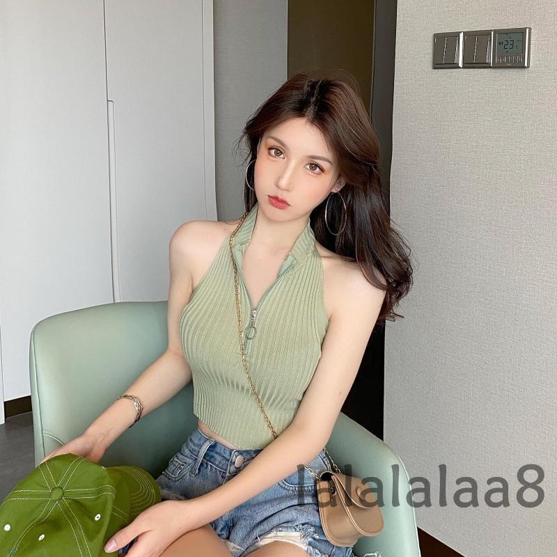 Áo Crop Top Hai Dây Dệt Kim Ôm Dáng Màu Trơn Có Khóa Kéo Nửa Thân LAA8 Cho Nữ
