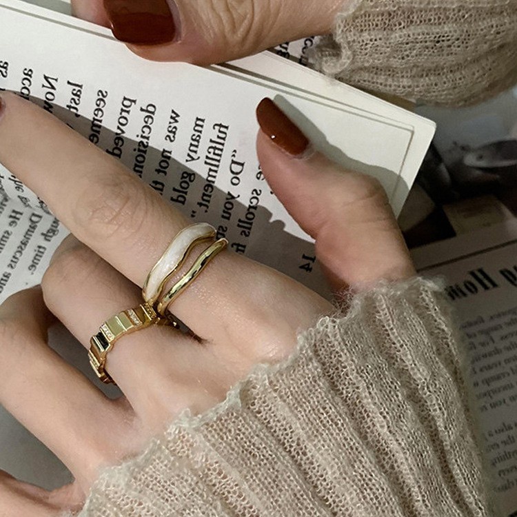 Nhẫn dạng hở hai lớp kim loại đính đá zircon đơn giản phong cách cổ điển 19A1435