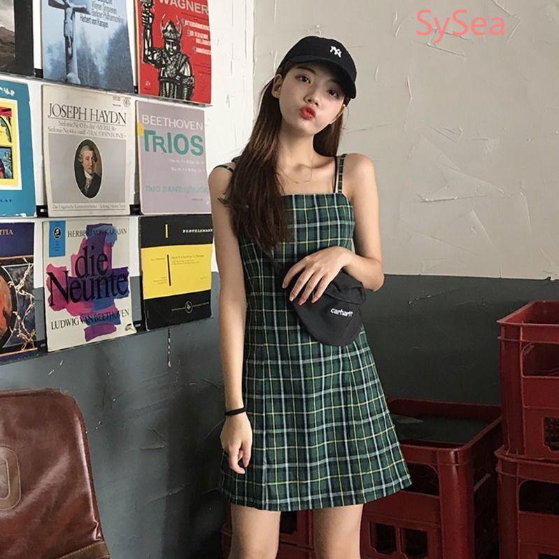Đầm 2 dây sọc caro thời trang mùa hè đáng yêu cho nữ