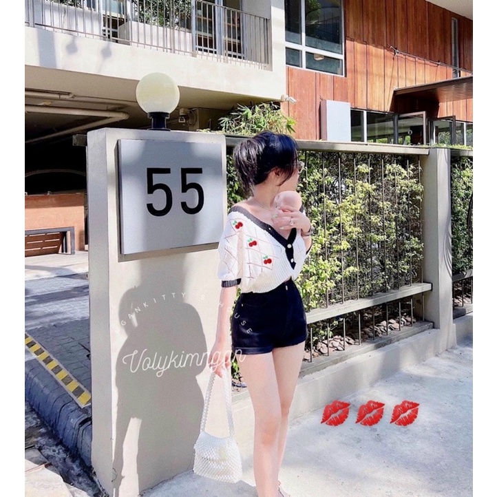 Áo len Cadigan tay cộc phối viền, hoạ tiết quả cherry bao xinh, dáng len ngắn lỡ