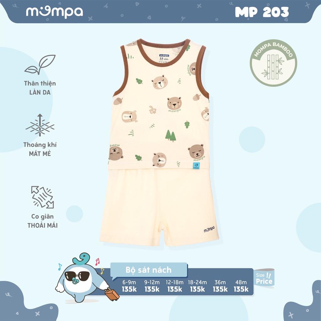 Quần áo bé trai ba lỗ Mompa bé từ 6 tháng - 4 tuổi vải Sợi tre Bamboo thấm hút thoáng mát co giãn mềm mại làn da bé 203