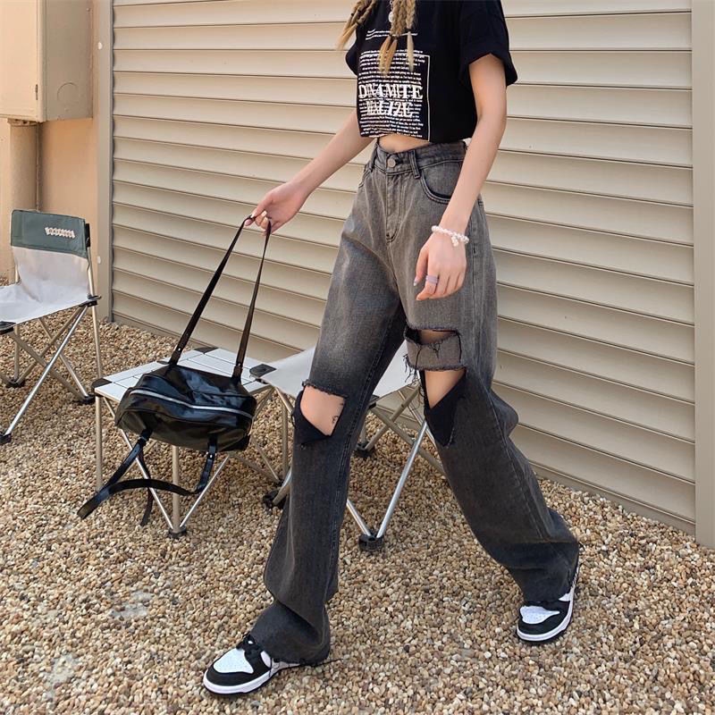 ✢►Quần Jean Nữ Lưng Cao Ống Rộng Rách Gối Màu Sắc Độc Đáo