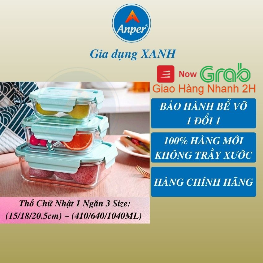 Hộp thuỷ tinh đựng cơm  Anper , thực phẩm chia ngăn chống tràn nắp hút chân không , Giống  Lock lock