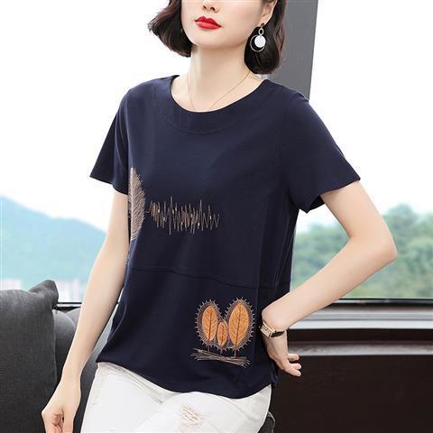 Áo thun tay ngắn cổ tròn dáng rộng thêu họa tiết thời trang cho phụ nữ trung niên