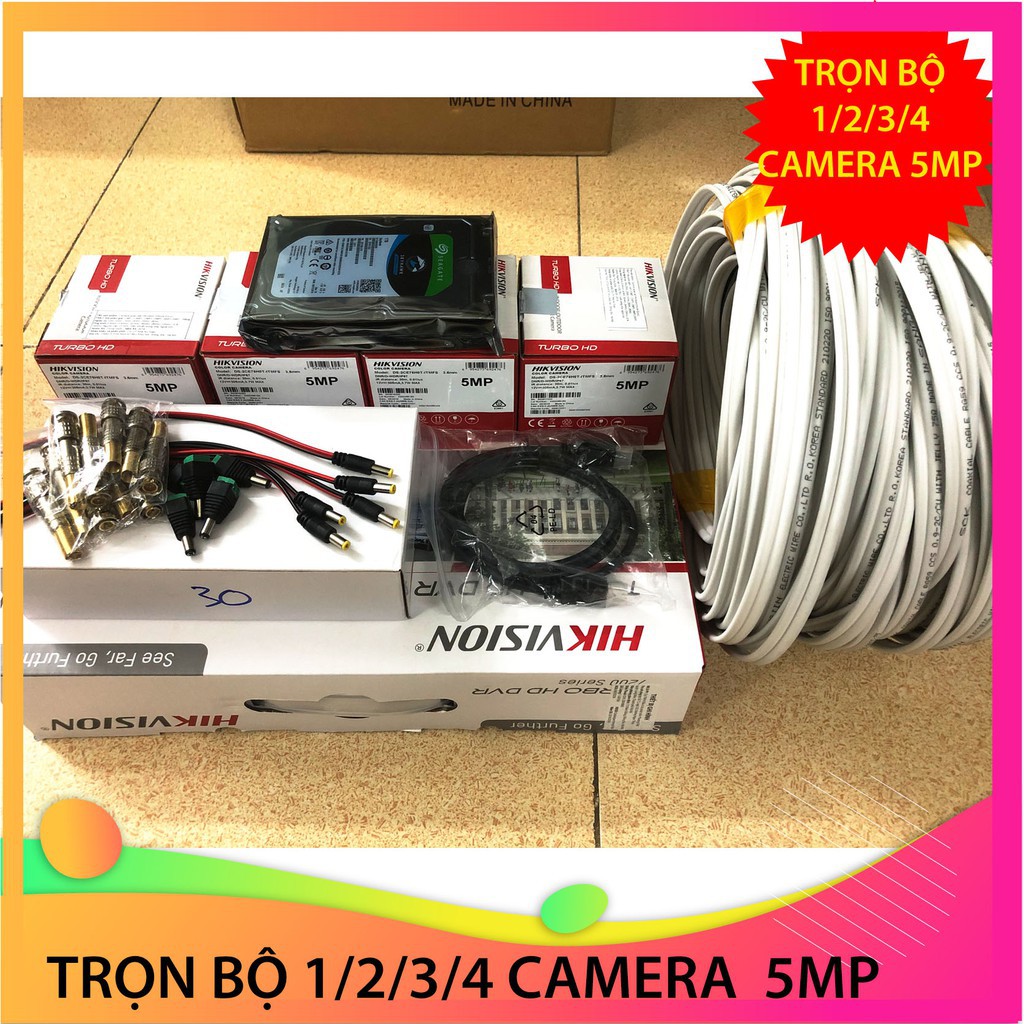 Trọn  Bộ Camera 1/2/3/4 Mắt 5Mp Hikvision Chính Hãng (FULL PHỤ KIỆN LẮP ĐẶT), Ổ Cứng Tùy Chọn