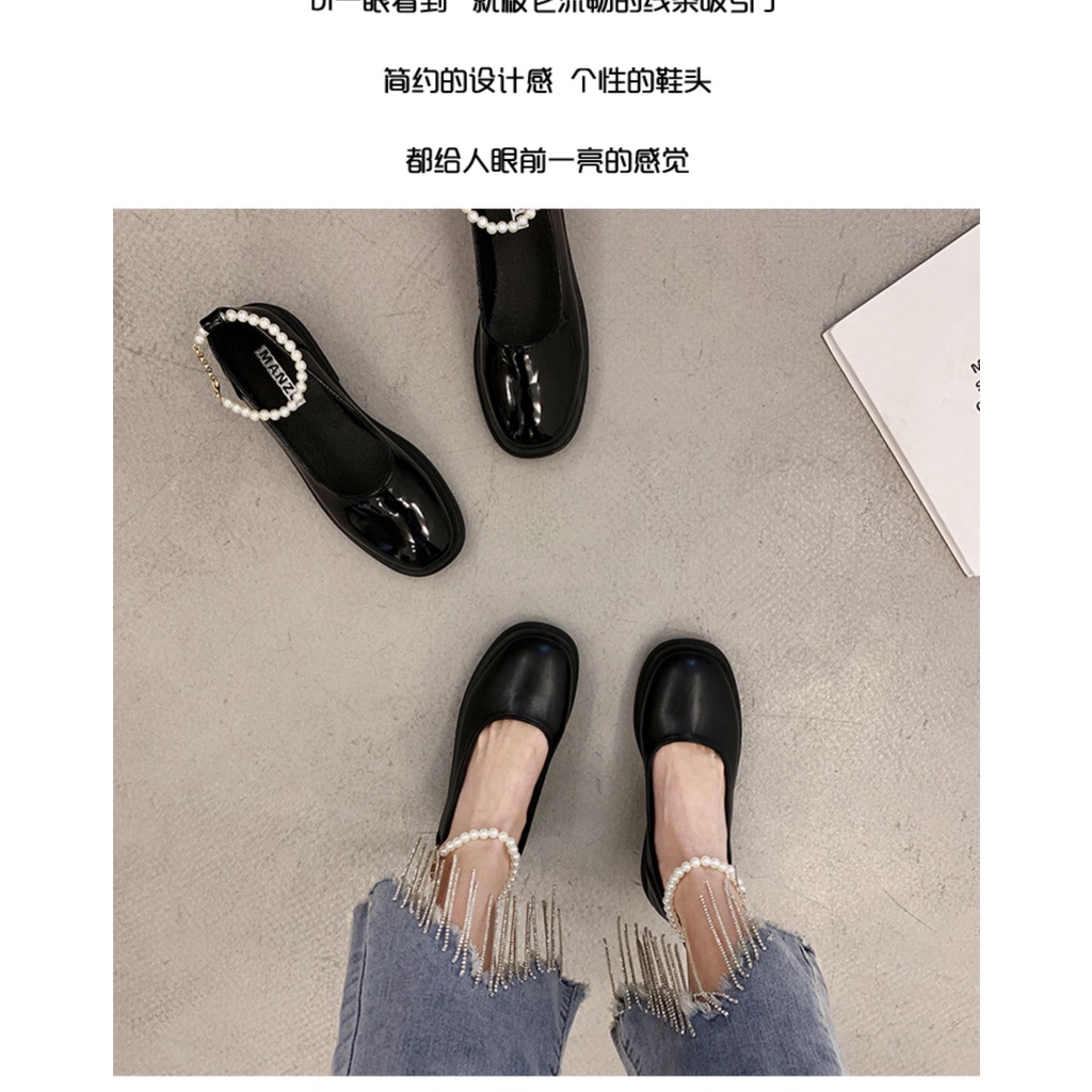 Small Leather Shoes Female 2021 Spring New Fashion Wild Retro Japanese Thick With Beaded Round Solid Color Sputum Bottom