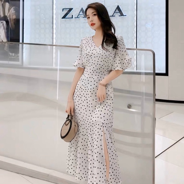 Đầm váy freesize bi trắng đuôi cá