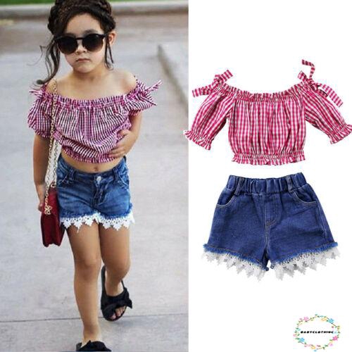 Set áo kiểu trễ vai + quần đùi denim phối ren thời trang dành cho bé gái