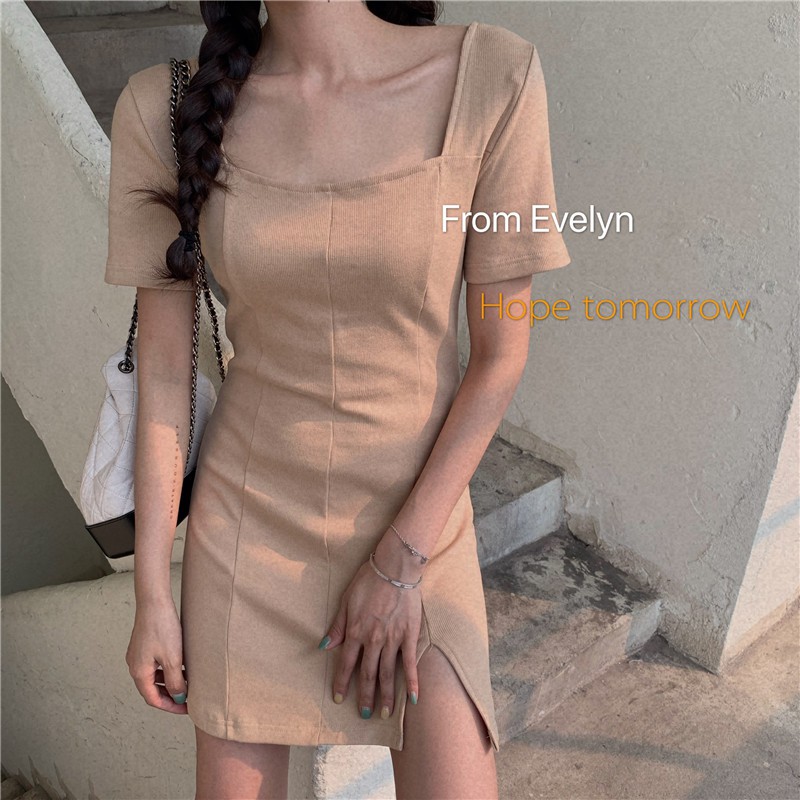 (ORDER) Váy thun cổ vuông gợi cảm ôm dáng xẻ tà dáng A-line đơn giản style retro Hàn Quốc