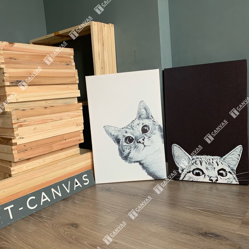 Tranh Canvas treo tường phòng khách, tranh nghệ thuật, tranh chó mèo ngộ nghĩnh DV62-65