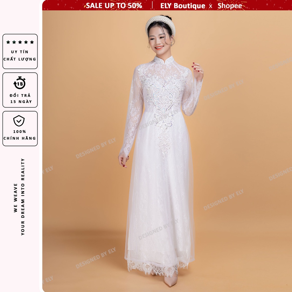 Áo dài cưới truyền thống ELY Boutique, áo dài trắng đính kết ren đẹp, 3 lớp 6 tà