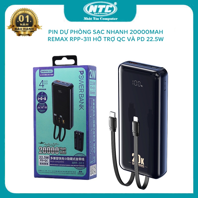 Pin dự phòng sạc nhanh Remax RPP-311 Kayeo Series 20000mAh tích hợp 2 cáp sạc - hỗ trợ PD và QC 22.5W (xanh)