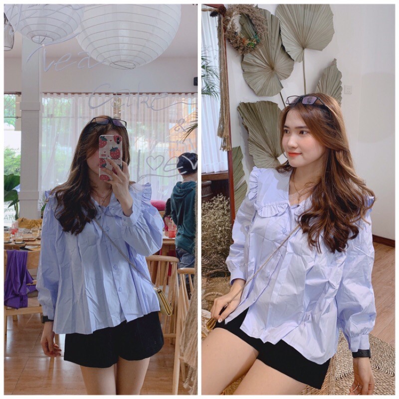 Áo sơmi xanh baby blue tay phồng cổ sen bèo xếp ly