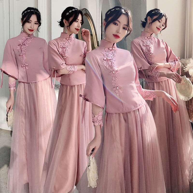 Đầm phù dâu dáng dài kiểu Trung Hoa thanh lịch sành điệu
