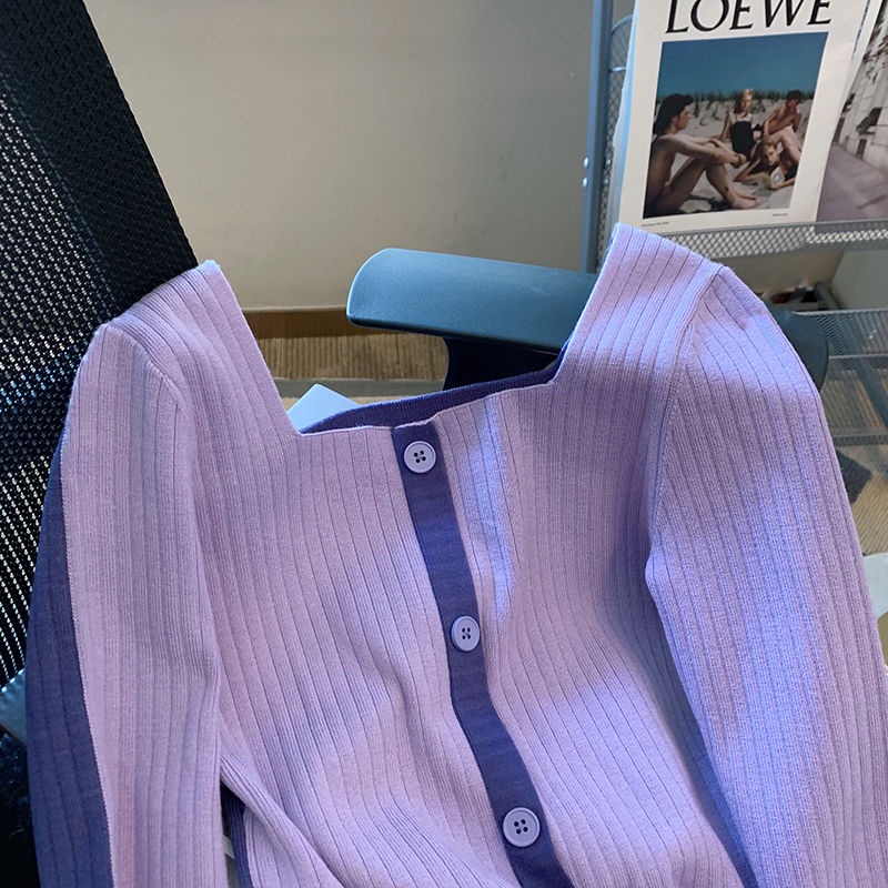 Áo Sweater Tay Dài Cổ Vuông Màu Sắc Tương Phản Thời Trang Mùa Thu Cho Nữ  tao bao