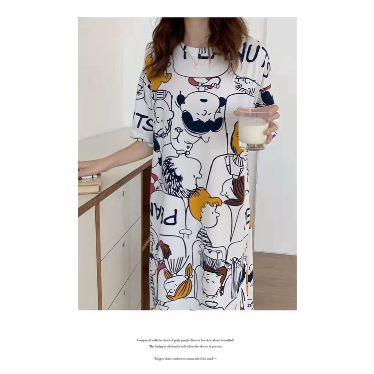 Yuanda [Hàng Có Sẵn] Đầm Ngủ Pajama Mỏng Không Có Đệm Ngực Size Lớn Họa Tiết Hoạt Hình Dành Cho Học Sinh Mặc Ở Ngoài Nhà