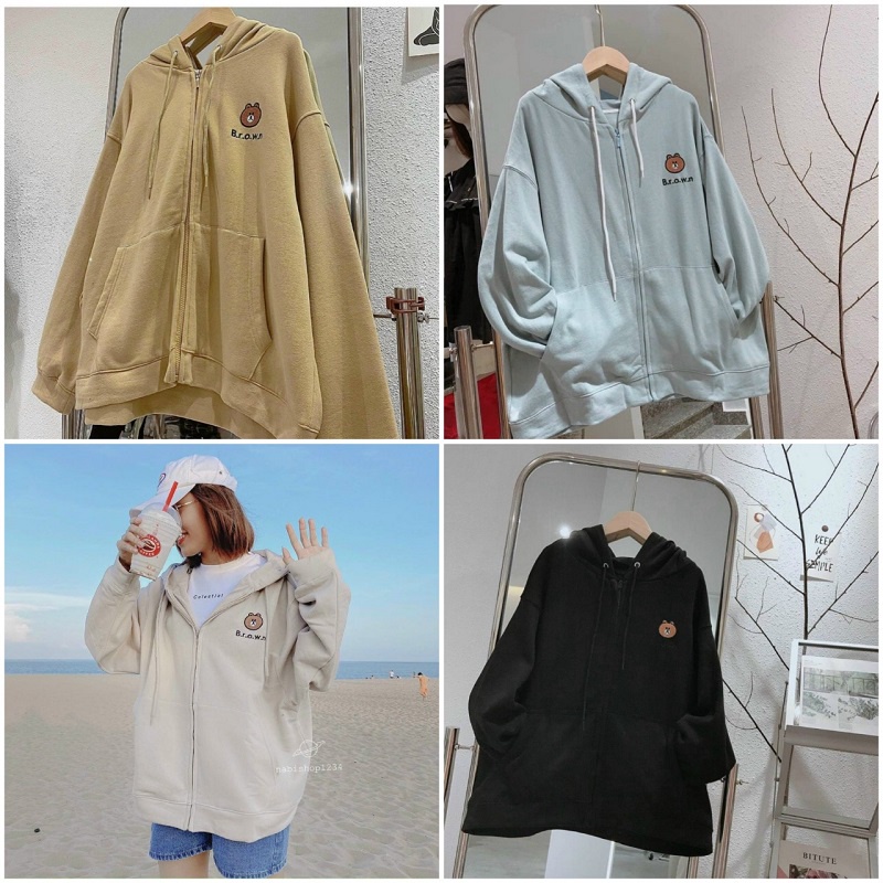 Áo Khoác Unisex Nỉ Bông Thêu Gấu Brown Nam nữ FREESHIP RẺ ĐẸP Áo Hoodie Kiểu Thun Tay Dài Rộng Chống Nắng Couple Jackets