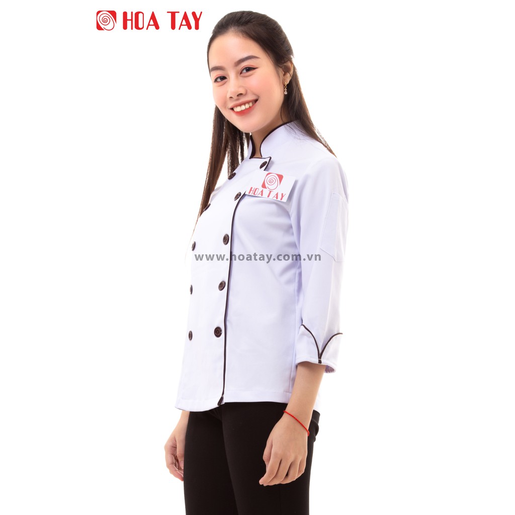 HOA TAY _ Áo Đầu Bếp Nữ Màu Trắng Viền Nâu Tay Dài Kaki Thun.