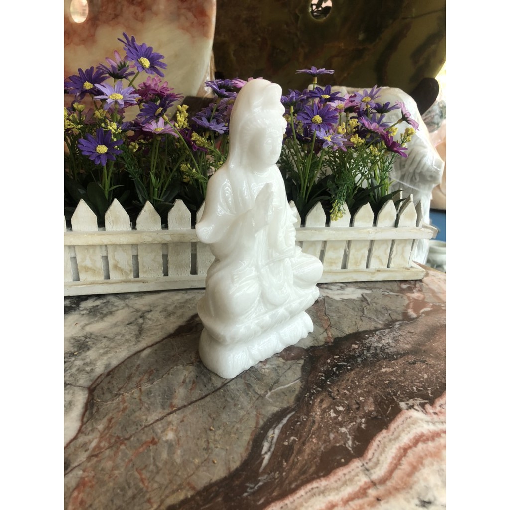 Tượng Phật Bà Quan Âm ngồi đài sen đá trắng - Cao 20 cm
