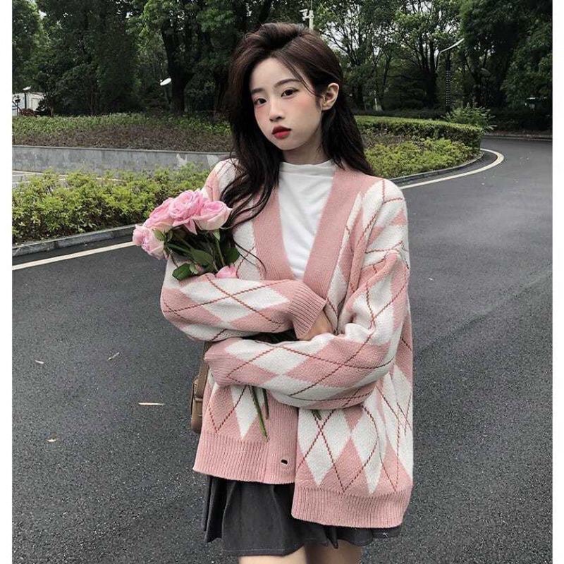 Áo khoác cardigan len nữ  form rộng Quảng Châu nhiều mẫu, Áo khoác mùa đông Cadigan len kẻ ô quả trám dày dặn dáng rộng