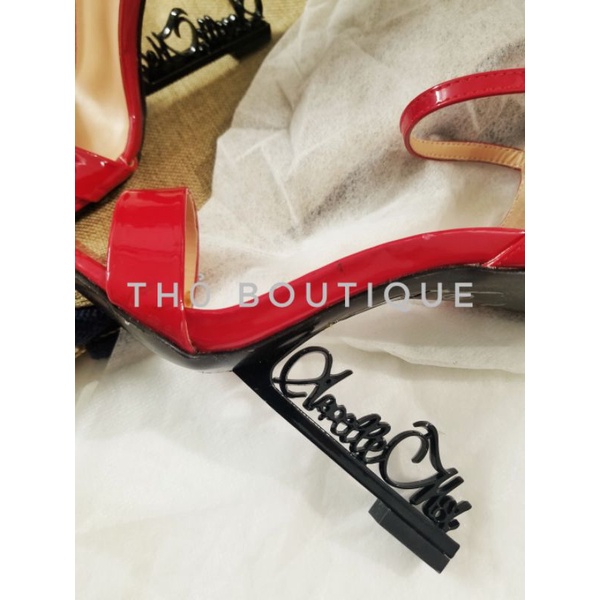 Giày sandal cao gót Saint Lau.ren độc lạ gót chữ Appelle Mol quai ngang đỏ da bóng 10cm size 35-36-37-38-39