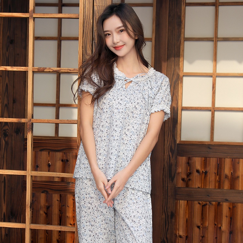 Bộ Đồ Ngủ Tay Ngắn Hai Lớp Bằng Vải Cotton Họa Tiết Hoa Thời Trang Mùa Hè Mới Dành Cho Bạn Nữ