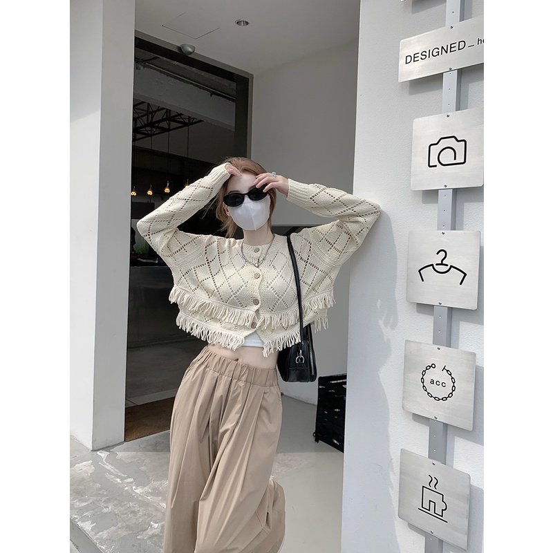 「MOTEL7」Áo Khoác Cardigan Dệt Kim Mỏng Dáng Ngắn Rộng Tay Dài Khoét Rỗng Phối Tua Rua Nhiều Lớp Dễ Phối Đồ