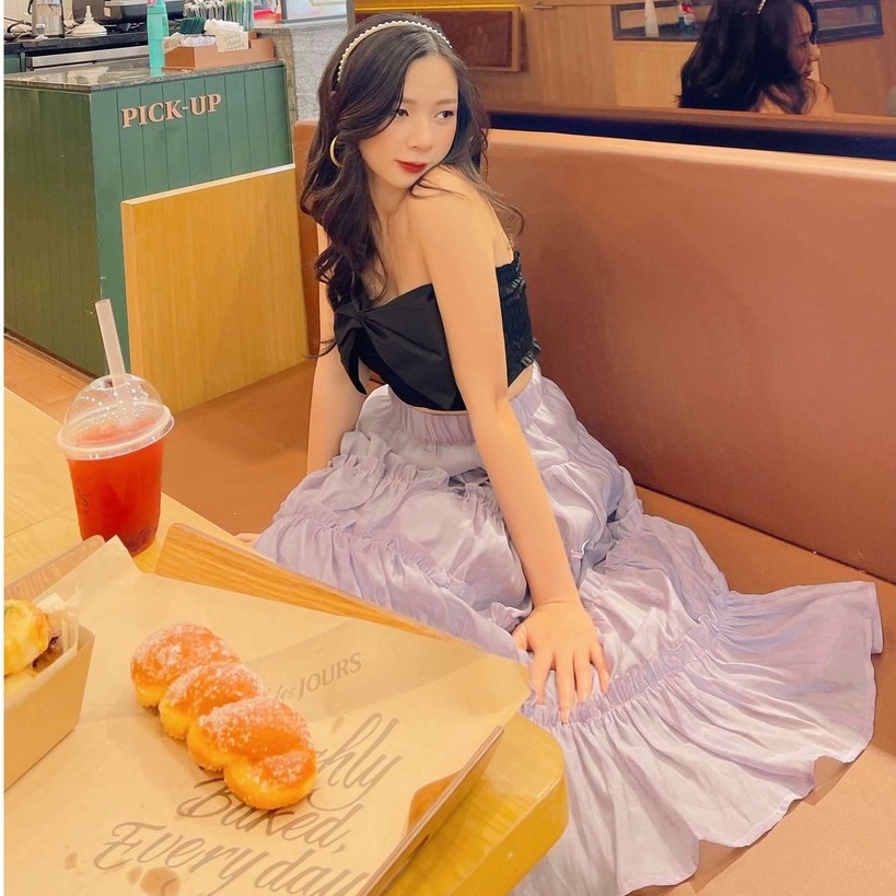 Chân váy dài xếp tầng chất tơ ý cạp chun đủ màu, freesize, thiết kế T-Ju, phong cách Hàn Quốc (cv trong trẻo) | BigBuy360 - bigbuy360.vn