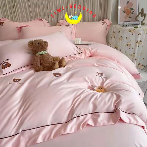 Bộ chăn ga gối lụa thêu gấu teddy bear cao cấp, nhập khẩu – Set ga gối lụa 4 món – Timibedding