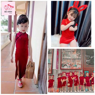 Váy đầm tết noel sườn xám ôm body xẻ tà cho bé gái [RẺ&ĐẸP] thời trang đầm ôm body xẻ tà dáng dài /ngắn váy tết bé gái