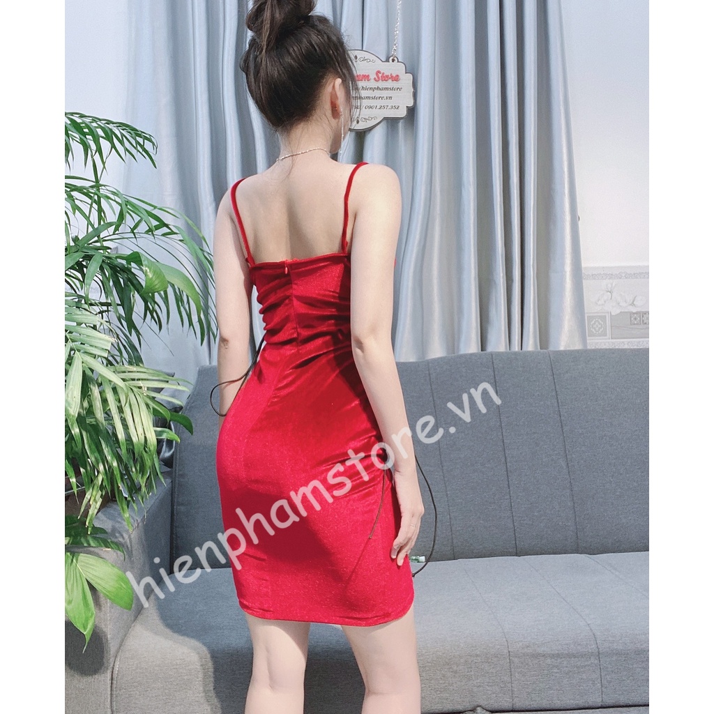 Đầm body 2 dây cúp quả ngực, khoét hở eo sexy, đầm  cúp ngực rút dây, đầm nhung dự tiệc, đi chơi - màu đen, đỏ