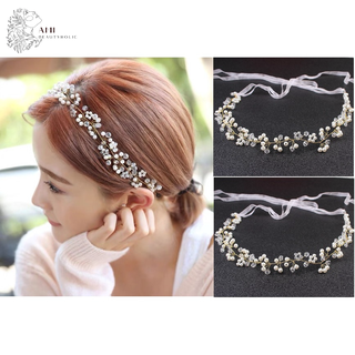 D01_dây hoa cài tóc cô dâu ruy băng đính đá và hoa, trang điểm cô dâu, make up tiệc, phụ kiện cưới và trang điểm