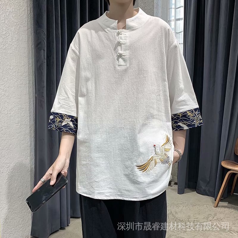 Áo nam tay ngắn thêu hình chim hạc trẻ trung