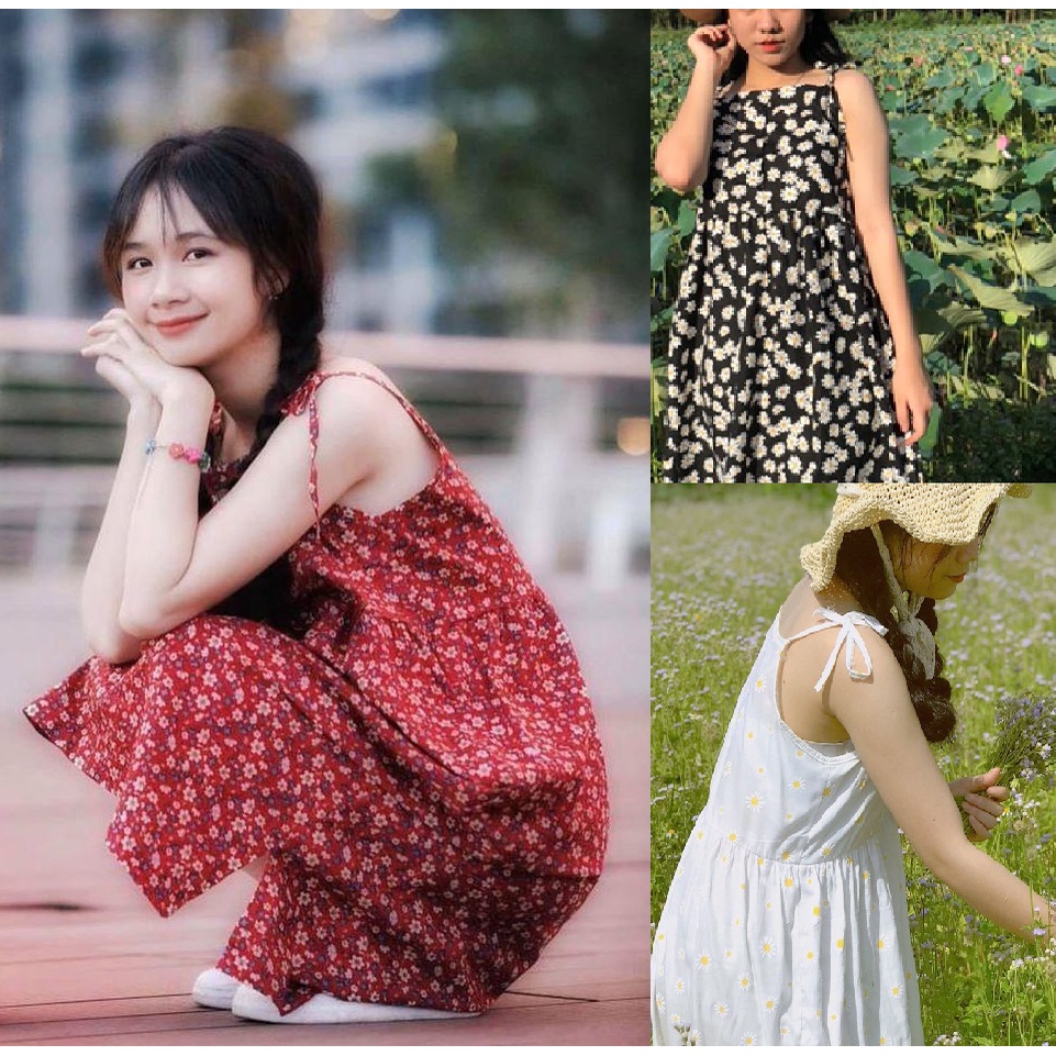 SUV002 Váy 2 dây hoa nhí maxi thắt nơ vintage đi chơi đi biển Đầm babydoll dáng dài xòe hai dây buộc tiểu thư bánh bèo