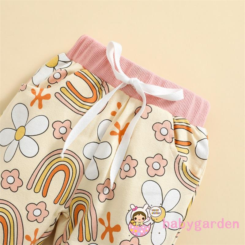 Set Áo Thun Tay Dài Cổ Tròn In Hình Cầu Vồng Phối Quần Buộc Dây Thời Trang Cho Bé Gái 6 Tháng-4 Tuổi