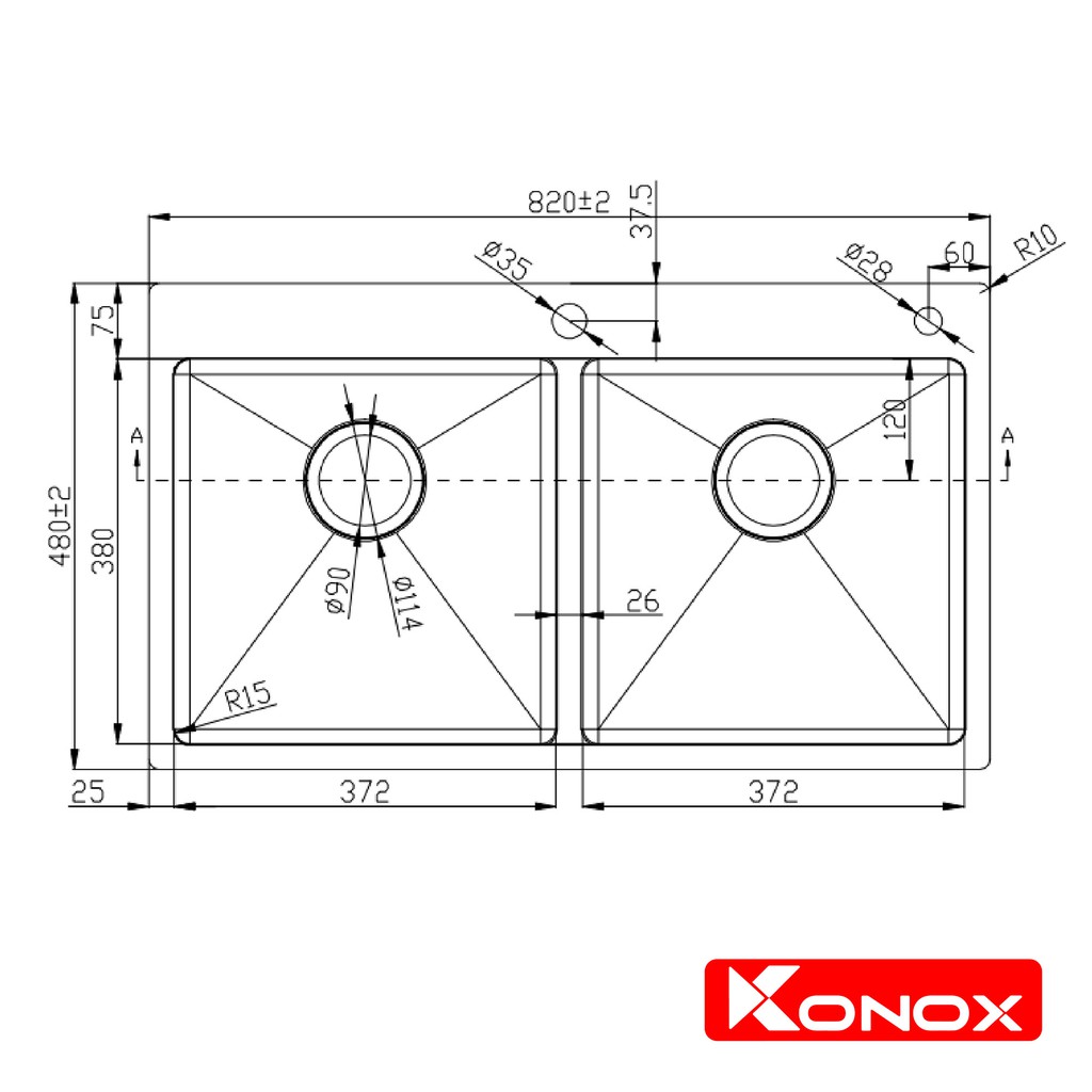 Chậu rửa bát inox KONOX Overmount Series KN8248DOB chất liệu inox 304AISI tiêu chuẩn châu Âu, tiêu chuẩn Quatest1