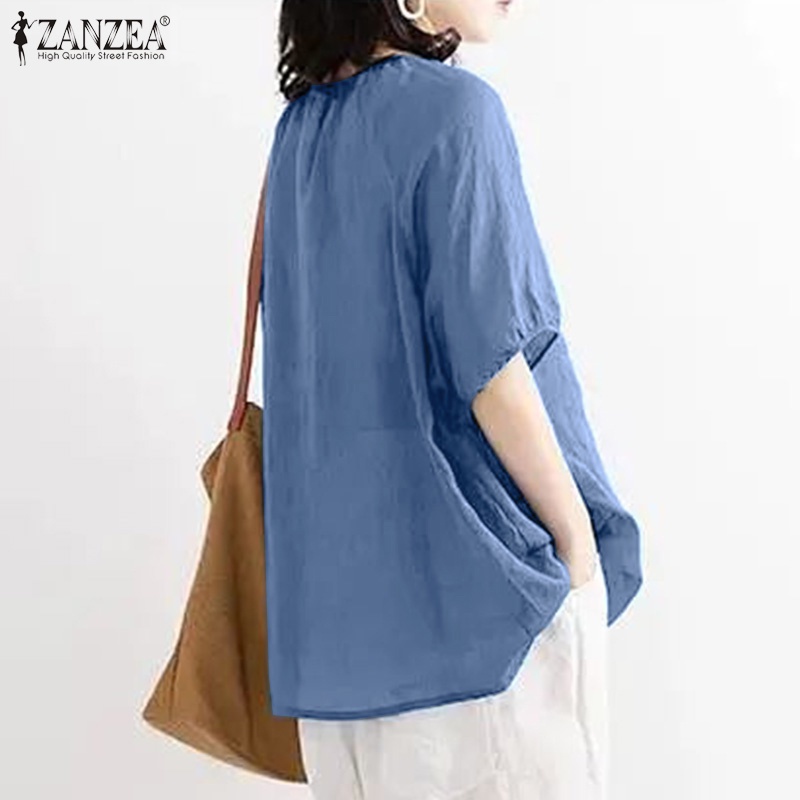 Áo kiểu Zanzea cổ tròn tay lửng dáng rộng phối nút thời trang cho nữ