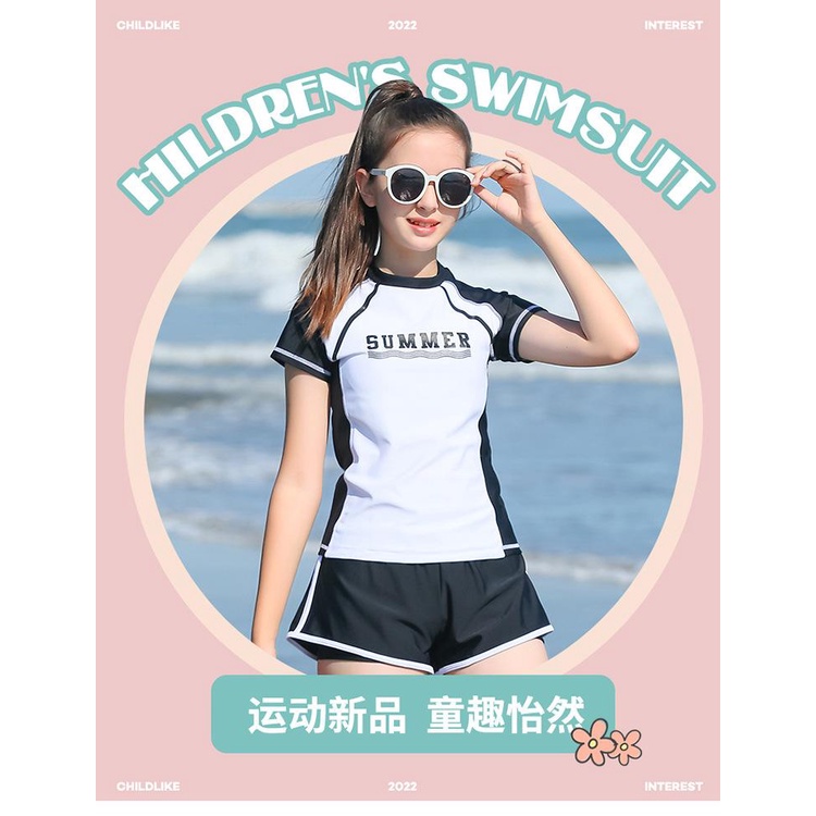 Đồ bơi bé gái size lớn dạng quần rời 2 lớp áo trắng phối đen trẻ trung cho bé gái/ có sz người lớn