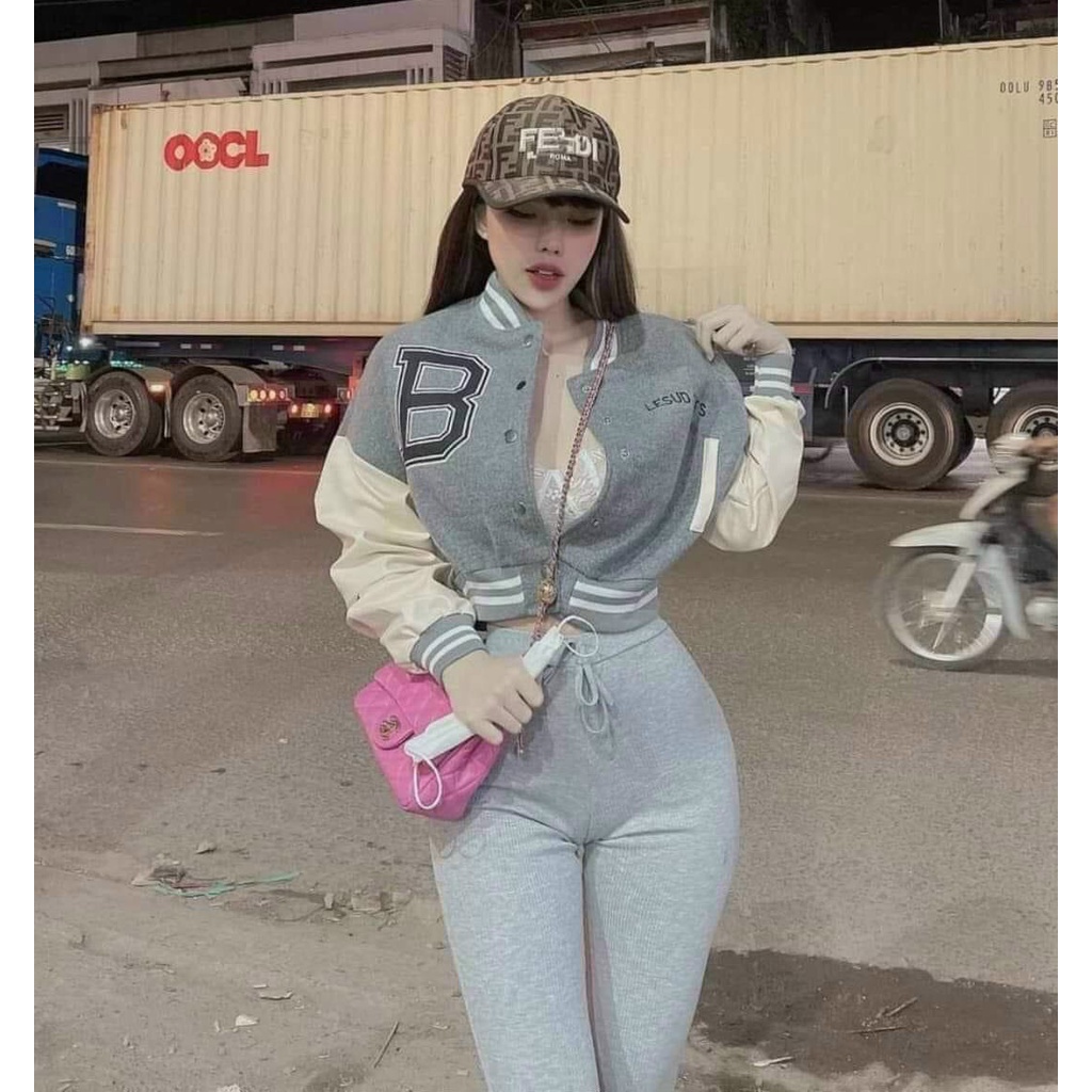 Áo Khoác Croptop Nữ Thêu Chữ B Vải Nỉ Kiểu Dáng Bomber Phong Cách Mới Hot Tren Sành Điệu