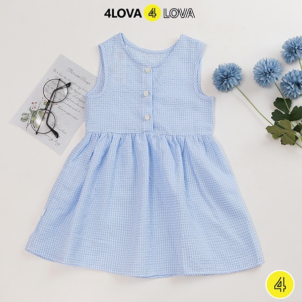 Váy bé gái công chúa sát nách 4LOVA thô cotton thoáng mát, mềm mại, họa tiết kẻ xinh xắn, thoáng mát KID006