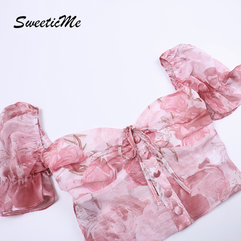 SweeticMe Women's   New Sexy Big Flower Chiffon Short Sleeve T-shirt