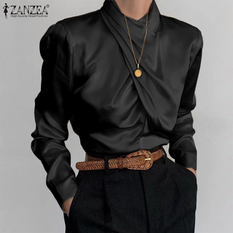 Áo kiểu nữ ZANZEA dài tay cổ đứng thắt nút đơn giản thời trang châu Âu